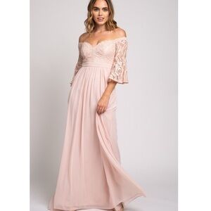 PinkBlush off the shoulder lace bell sleeve gown